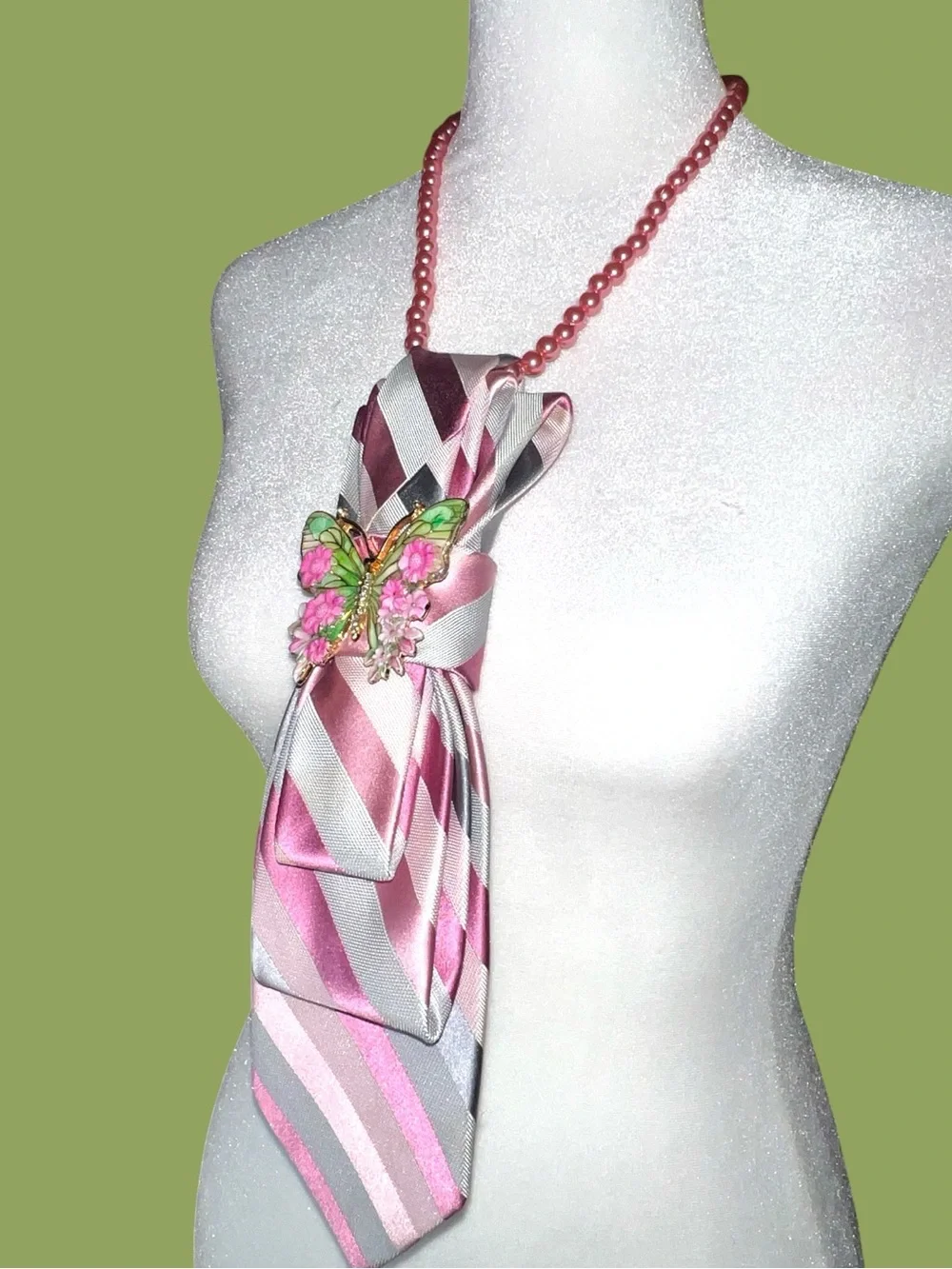 Pink Striped Tie Necklace with Green Butterfly Accent
